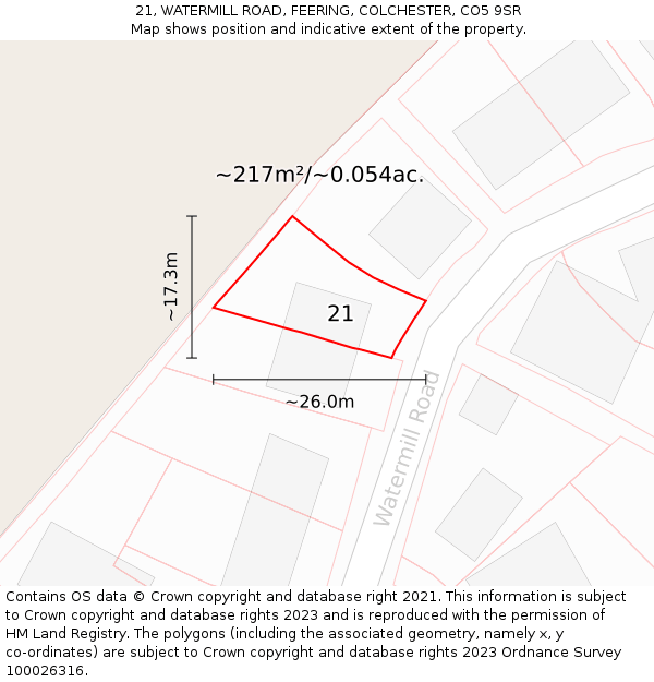 21, WATERMILL ROAD, FEERING, COLCHESTER, CO5 9SR: Plot and title map