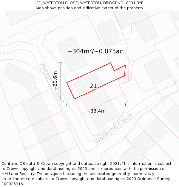 21, WATERTON CLOSE, WATERTON, BRIDGEND, CF31 3YE: Plot and title map