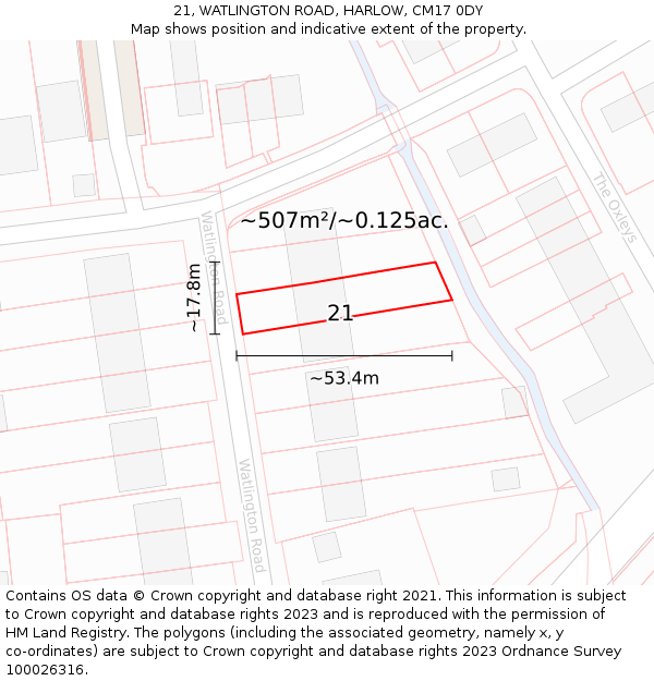 21, WATLINGTON ROAD, HARLOW, CM17 0DY: Plot and title map