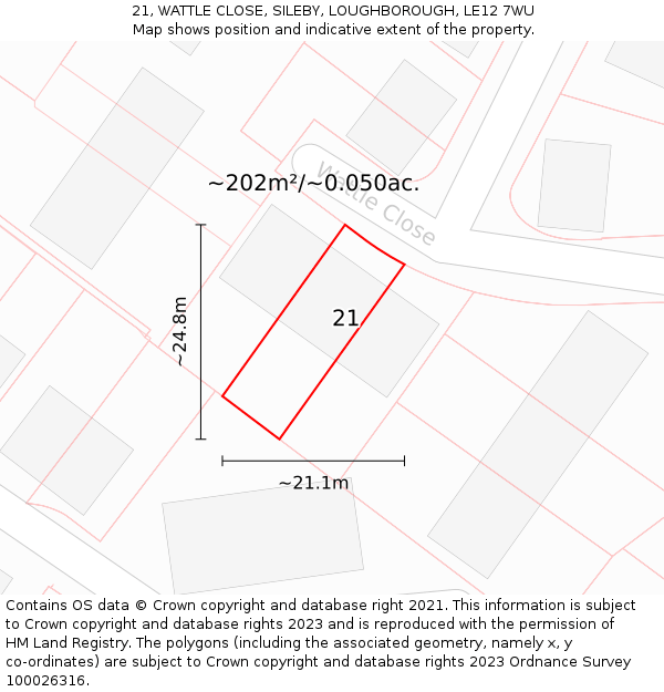 21, WATTLE CLOSE, SILEBY, LOUGHBOROUGH, LE12 7WU: Plot and title map