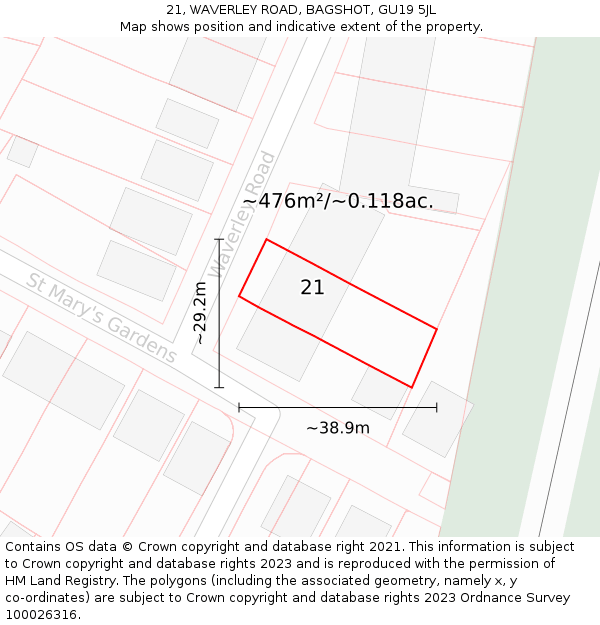 21, WAVERLEY ROAD, BAGSHOT, GU19 5JL: Plot and title map