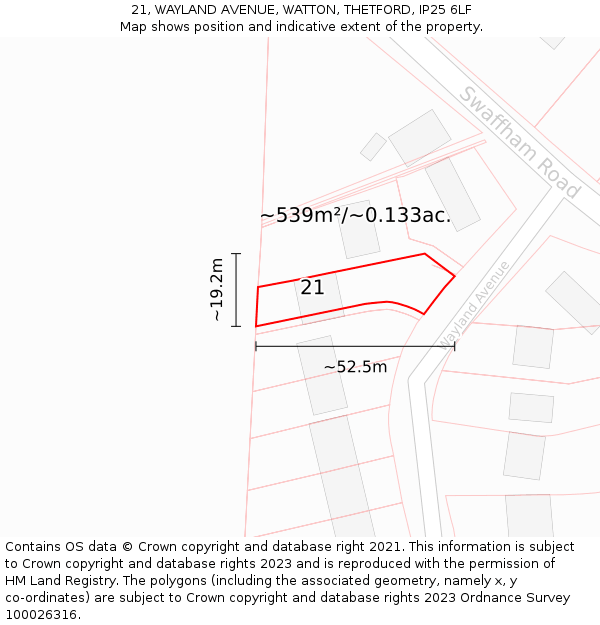 21, WAYLAND AVENUE, WATTON, THETFORD, IP25 6LF: Plot and title map