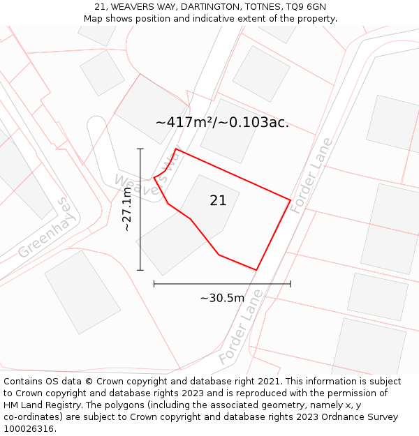 21, WEAVERS WAY, DARTINGTON, TOTNES, TQ9 6GN: Plot and title map