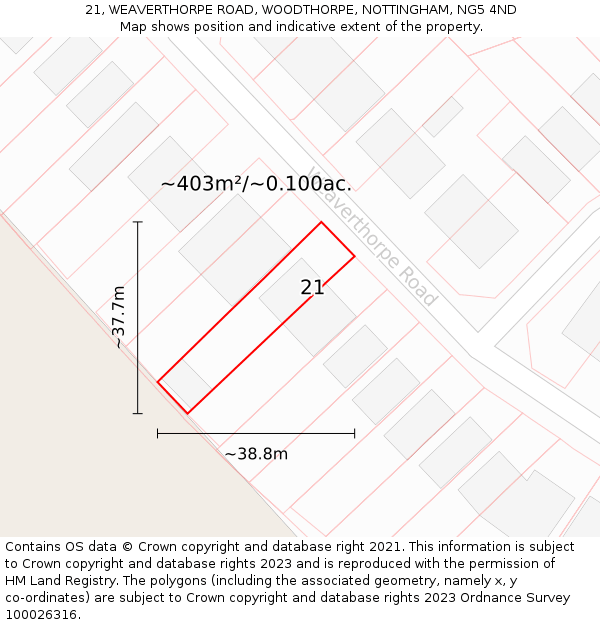 21, WEAVERTHORPE ROAD, WOODTHORPE, NOTTINGHAM, NG5 4ND: Plot and title map