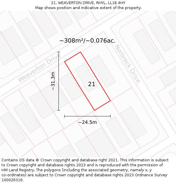 21, WEAVERTON DRIVE, RHYL, LL18 4HY: Plot and title map