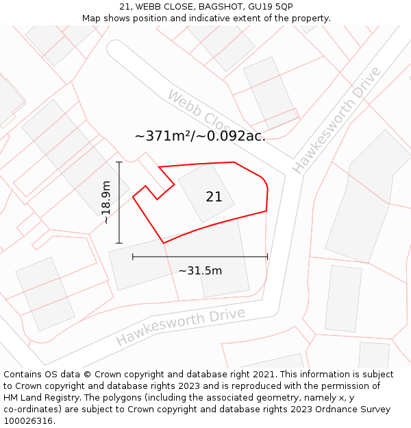 21, WEBB CLOSE, BAGSHOT, GU19 5QP: Plot and title map