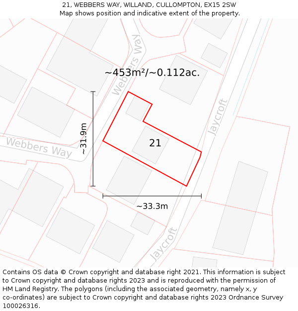 21, WEBBERS WAY, WILLAND, CULLOMPTON, EX15 2SW: Plot and title map