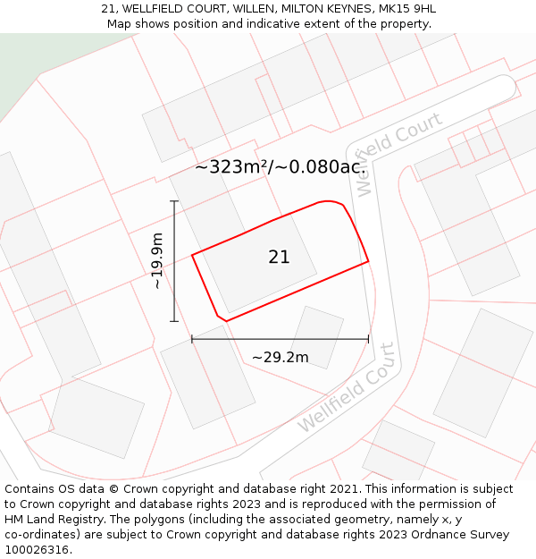 21, WELLFIELD COURT, WILLEN, MILTON KEYNES, MK15 9HL: Plot and title map