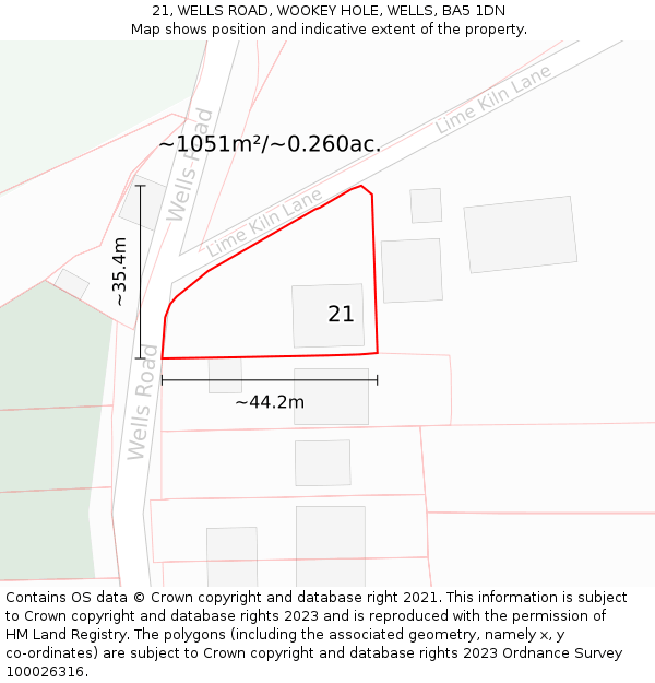 21, WELLS ROAD, WOOKEY HOLE, WELLS, BA5 1DN: Plot and title map