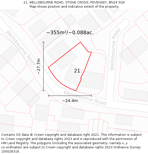 21, WELLSBOURNE ROAD, STONE CROSS, PEVENSEY, BN24 5QX: Plot and title map