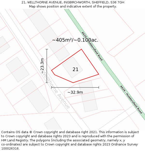 21, WELLTHORNE AVENUE, INGBIRCHWORTH, SHEFFIELD, S36 7GH: Plot and title map