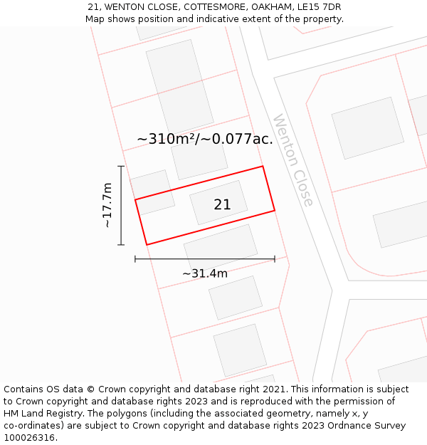 21, WENTON CLOSE, COTTESMORE, OAKHAM, LE15 7DR: Plot and title map