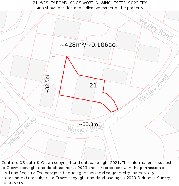 21, WESLEY ROAD, KINGS WORTHY, WINCHESTER, SO23 7PX: Plot and title map