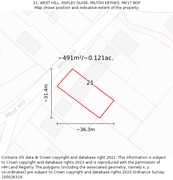 21, WEST HILL, ASPLEY GUISE, MILTON KEYNES, MK17 8DP: Plot and title map