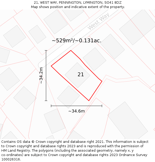 21, WEST WAY, PENNINGTON, LYMINGTON, SO41 8DZ: Plot and title map