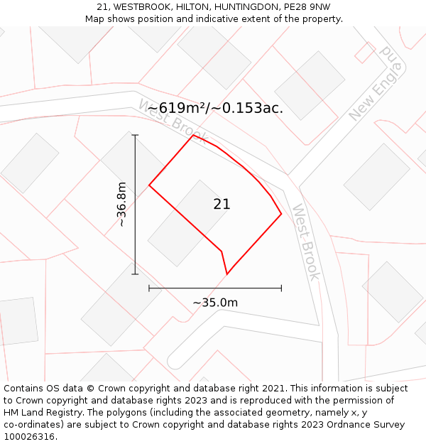 21, WESTBROOK, HILTON, HUNTINGDON, PE28 9NW: Plot and title map