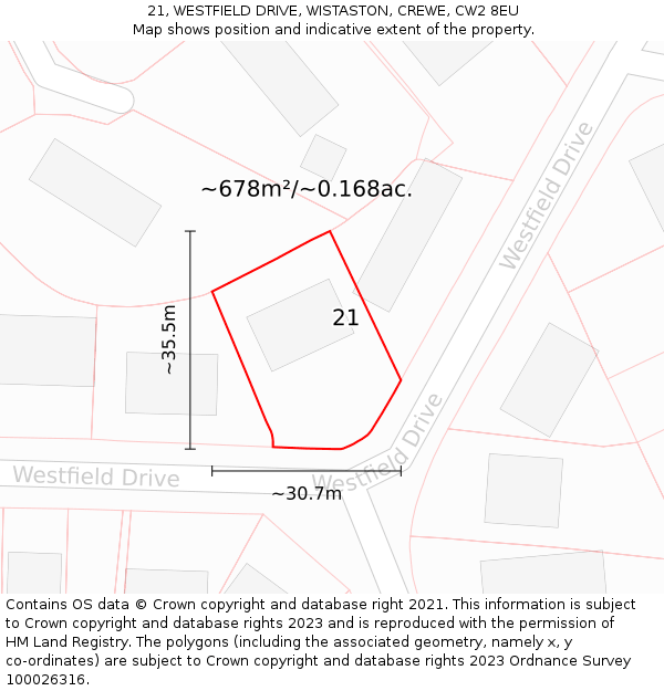 21, WESTFIELD DRIVE, WISTASTON, CREWE, CW2 8EU: Plot and title map