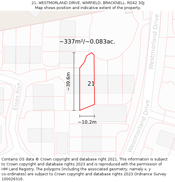 21, WESTMORLAND DRIVE, WARFIELD, BRACKNELL, RG42 3QJ: Plot and title map