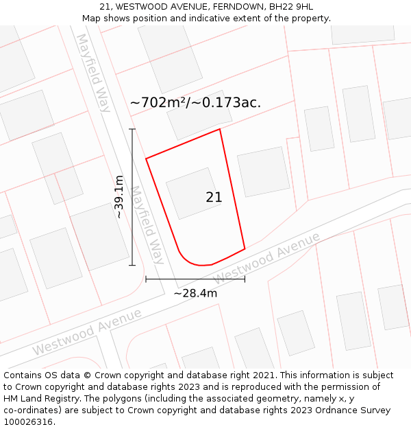 21, WESTWOOD AVENUE, FERNDOWN, BH22 9HL: Plot and title map