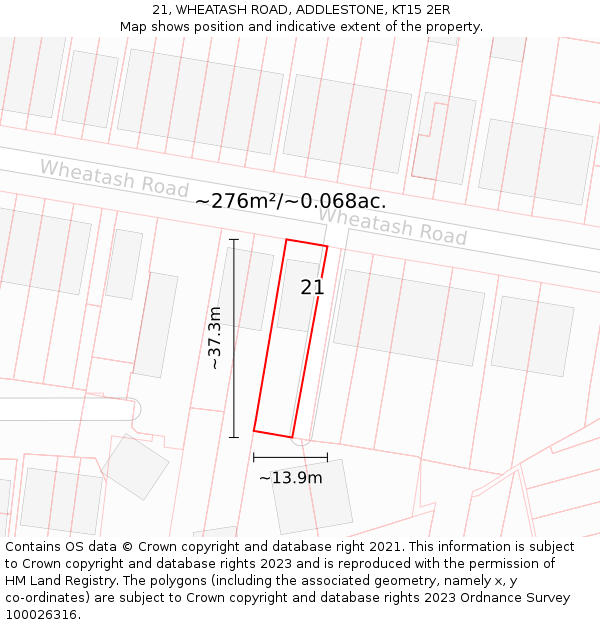 21, WHEATASH ROAD, ADDLESTONE, KT15 2ER: Plot and title map