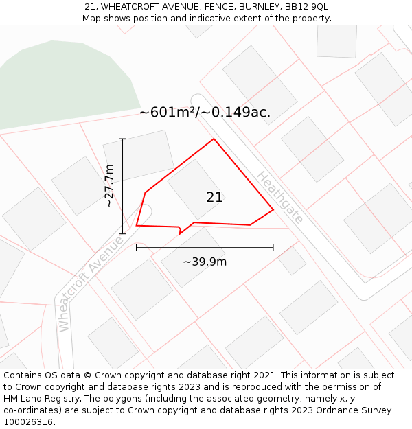 21, WHEATCROFT AVENUE, FENCE, BURNLEY, BB12 9QL: Plot and title map