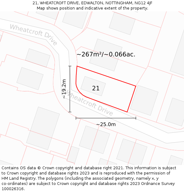 21, WHEATCROFT DRIVE, EDWALTON, NOTTINGHAM, NG12 4JF: Plot and title map