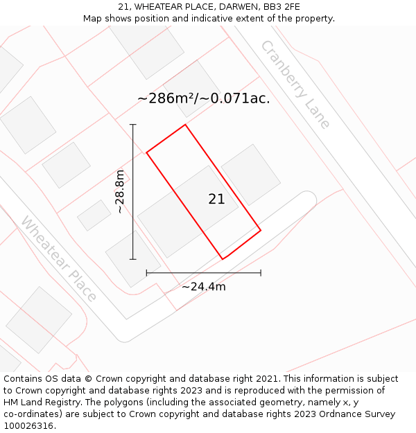 21, WHEATEAR PLACE, DARWEN, BB3 2FE: Plot and title map