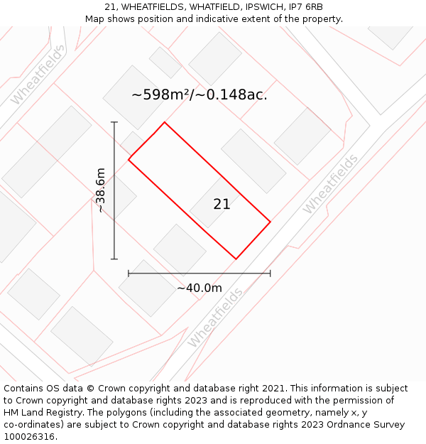 21, WHEATFIELDS, WHATFIELD, IPSWICH, IP7 6RB: Plot and title map