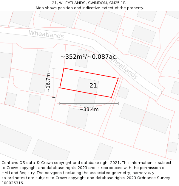 21, WHEATLANDS, SWINDON, SN25 1RL: Plot and title map