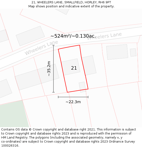 21, WHEELERS LANE, SMALLFIELD, HORLEY, RH6 9PT: Plot and title map