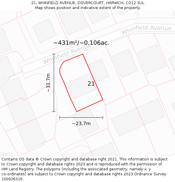 21, WHINFIELD AVENUE, DOVERCOURT, HARWICH, CO12 3UL: Plot and title map