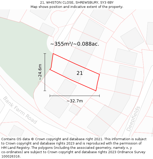 21, WHISTON CLOSE, SHREWSBURY, SY3 6BY: Plot and title map