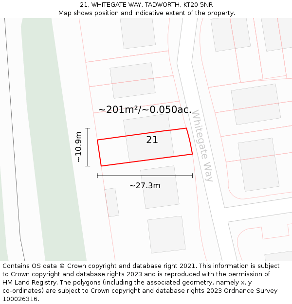 21, WHITEGATE WAY, TADWORTH, KT20 5NR: Plot and title map