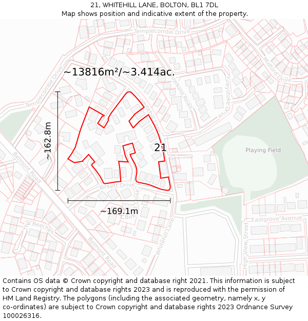 21, WHITEHILL LANE, BOLTON, BL1 7DL: Plot and title map