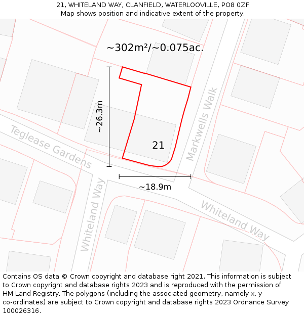 21, WHITELAND WAY, CLANFIELD, WATERLOOVILLE, PO8 0ZF: Plot and title map