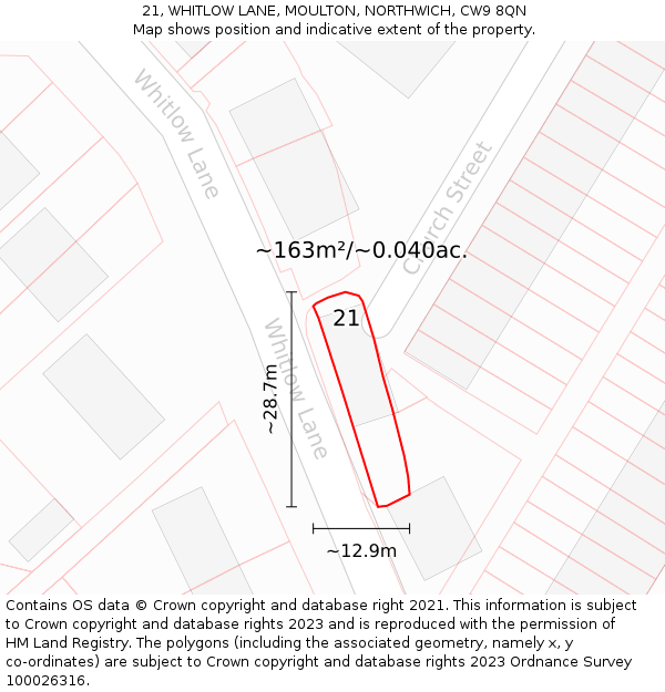 21, WHITLOW LANE, MOULTON, NORTHWICH, CW9 8QN: Plot and title map