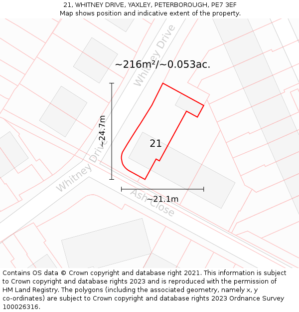 21, WHITNEY DRIVE, YAXLEY, PETERBOROUGH, PE7 3EF: Plot and title map