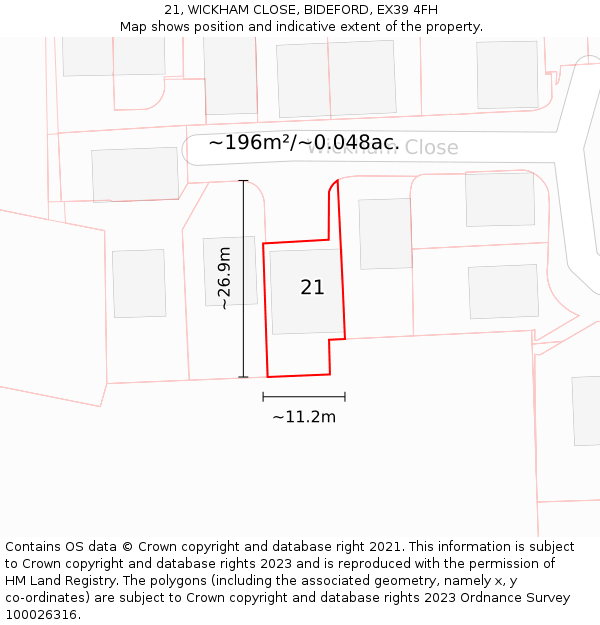 21, WICKHAM CLOSE, BIDEFORD, EX39 4FH: Plot and title map