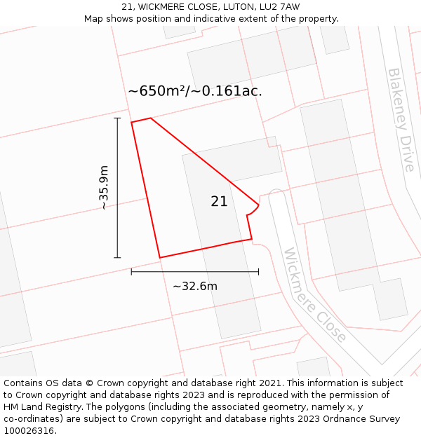 21, WICKMERE CLOSE, LUTON, LU2 7AW: Plot and title map