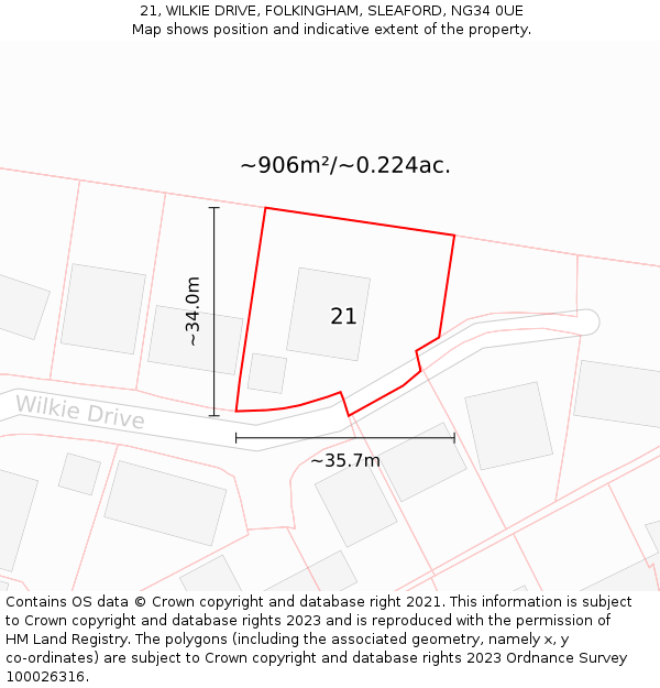 21, WILKIE DRIVE, FOLKINGHAM, SLEAFORD, NG34 0UE: Plot and title map