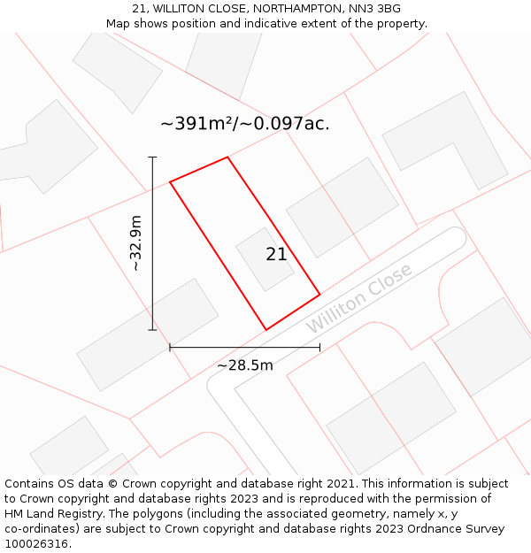 21, WILLITON CLOSE, NORTHAMPTON, NN3 3BG: Plot and title map