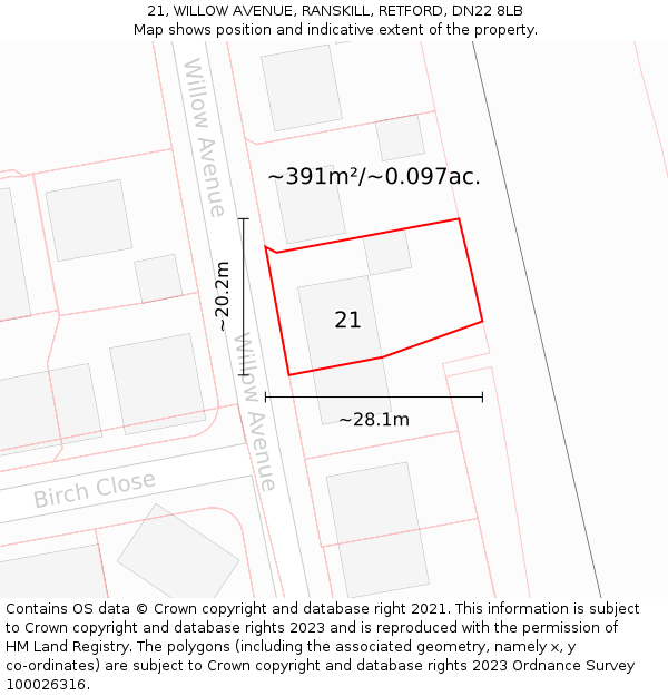 21, WILLOW AVENUE, RANSKILL, RETFORD, DN22 8LB: Plot and title map