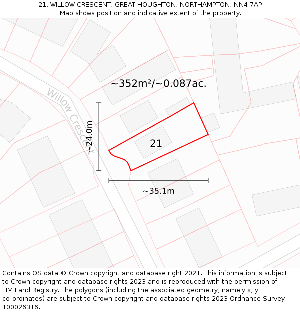 21, WILLOW CRESCENT, GREAT HOUGHTON, NORTHAMPTON, NN4 7AP: Plot and title map