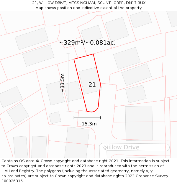 21, WILLOW DRIVE, MESSINGHAM, SCUNTHORPE, DN17 3UX: Plot and title map