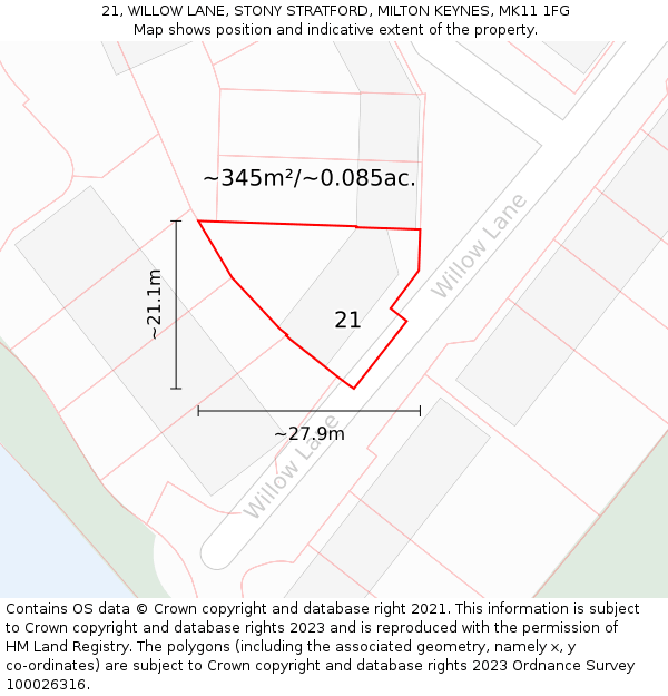 21, WILLOW LANE, STONY STRATFORD, MILTON KEYNES, MK11 1FG: Plot and title map