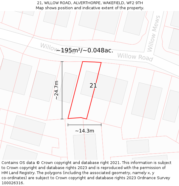 21, WILLOW ROAD, ALVERTHORPE, WAKEFIELD, WF2 9TH: Plot and title map