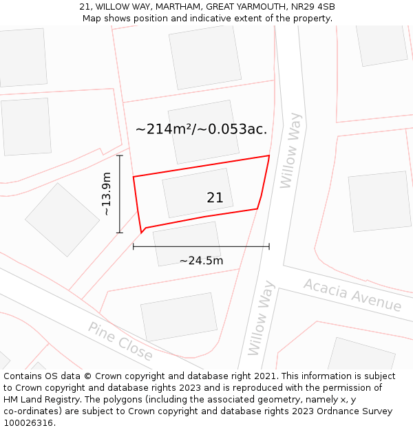 21, WILLOW WAY, MARTHAM, GREAT YARMOUTH, NR29 4SB: Plot and title map