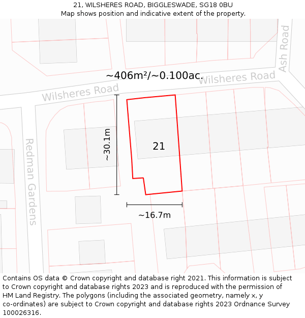 21, WILSHERES ROAD, BIGGLESWADE, SG18 0BU: Plot and title map