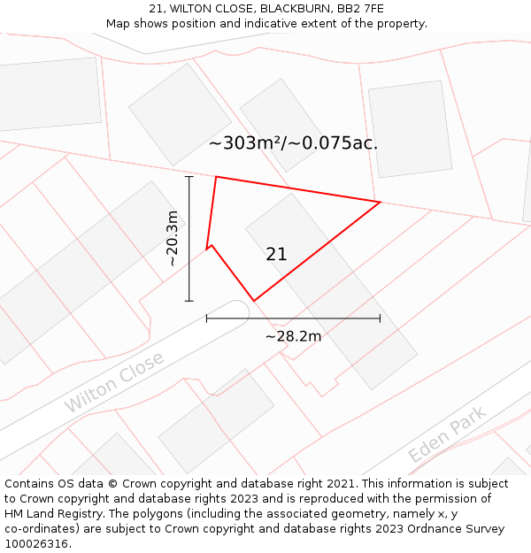 21, WILTON CLOSE, BLACKBURN, BB2 7FE: Plot and title map