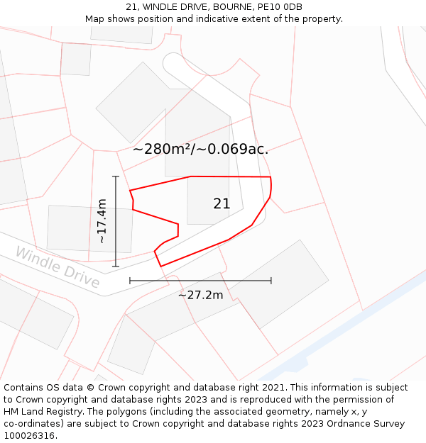 21, WINDLE DRIVE, BOURNE, PE10 0DB: Plot and title map